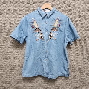 PASSIONE Women’s Blue Denim Embroidered Cat Button Front Shirt Size M